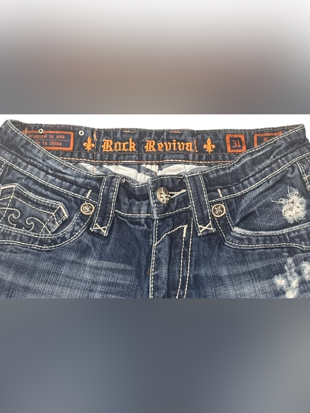 Rock Revival Mick Boot Jeans Men’s 31 Distressed Dark Wash Embroidered Pocket - Picture 2 of 6